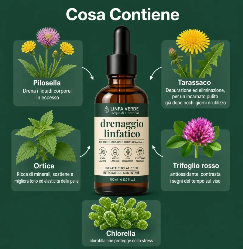 Cosa contiene Linfa Verde: pilosella, tarassaco, ortica, trifoglio rosso, chlorella